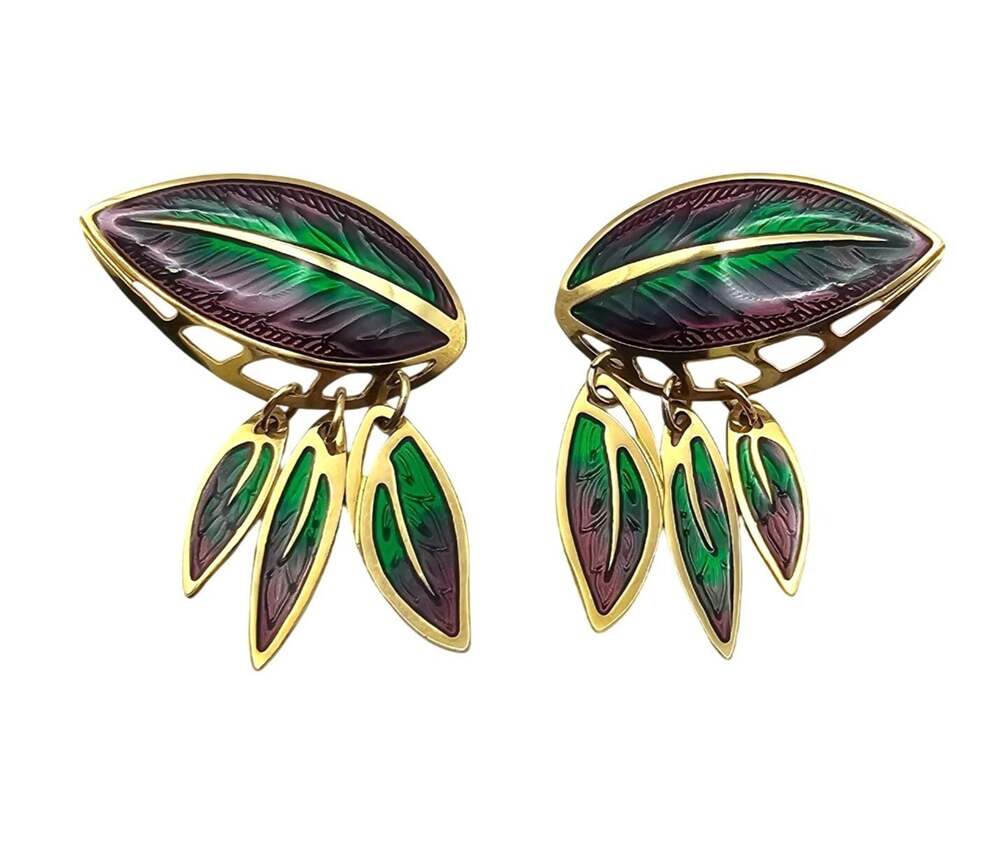 Vintage Edgar Berebi Enamel Leaf Dangle Earrings Purple Green Gold Tone Pierced